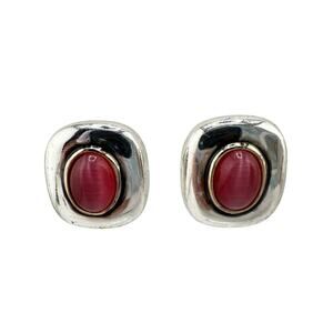 Roman Pink Cat's Eye Fiber Optic Glass Cabachon Silver Tone .5" Stud Earrings